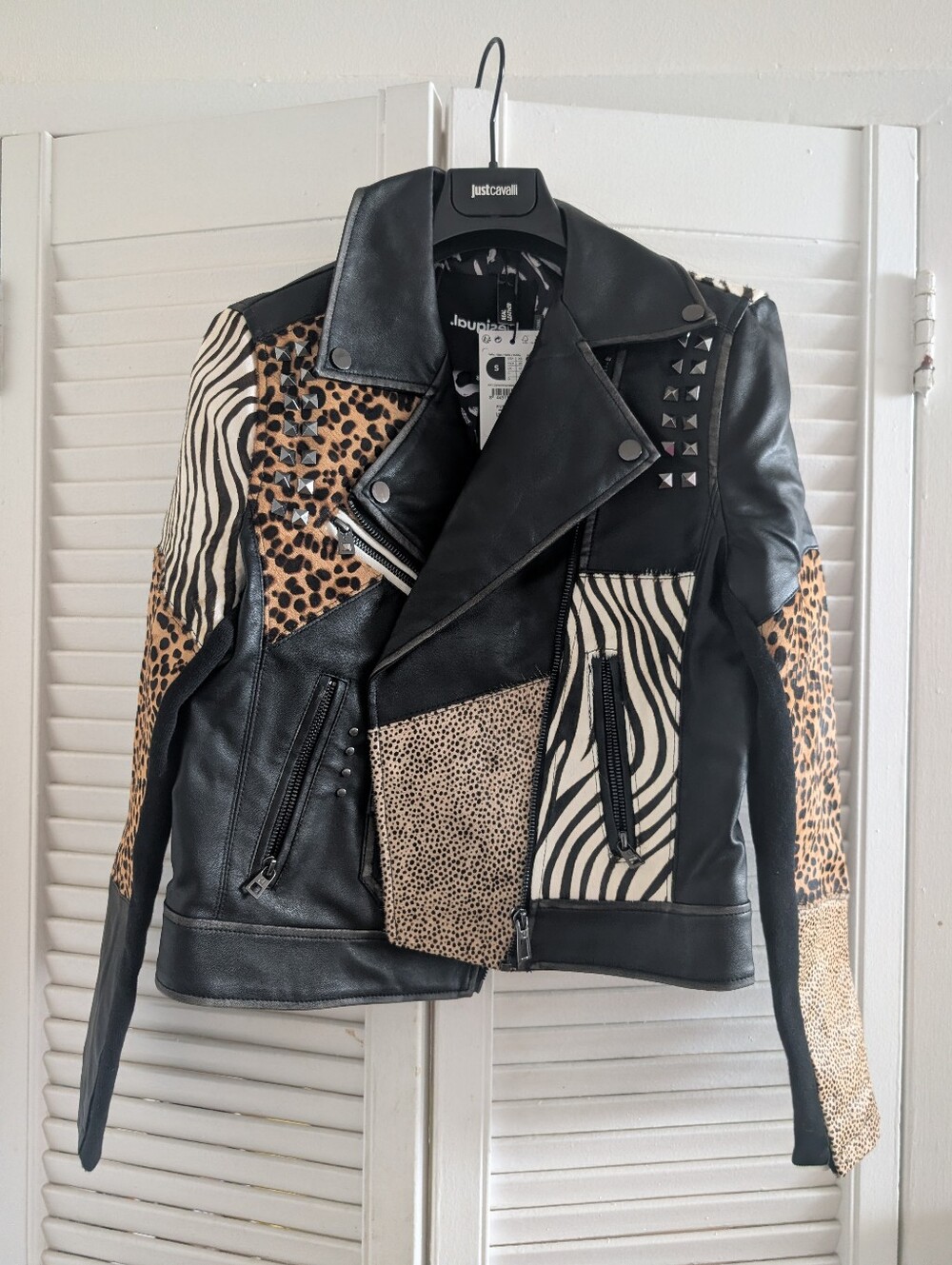 Desigual Black Leather Moto Jacket with Mixed Animal Prints